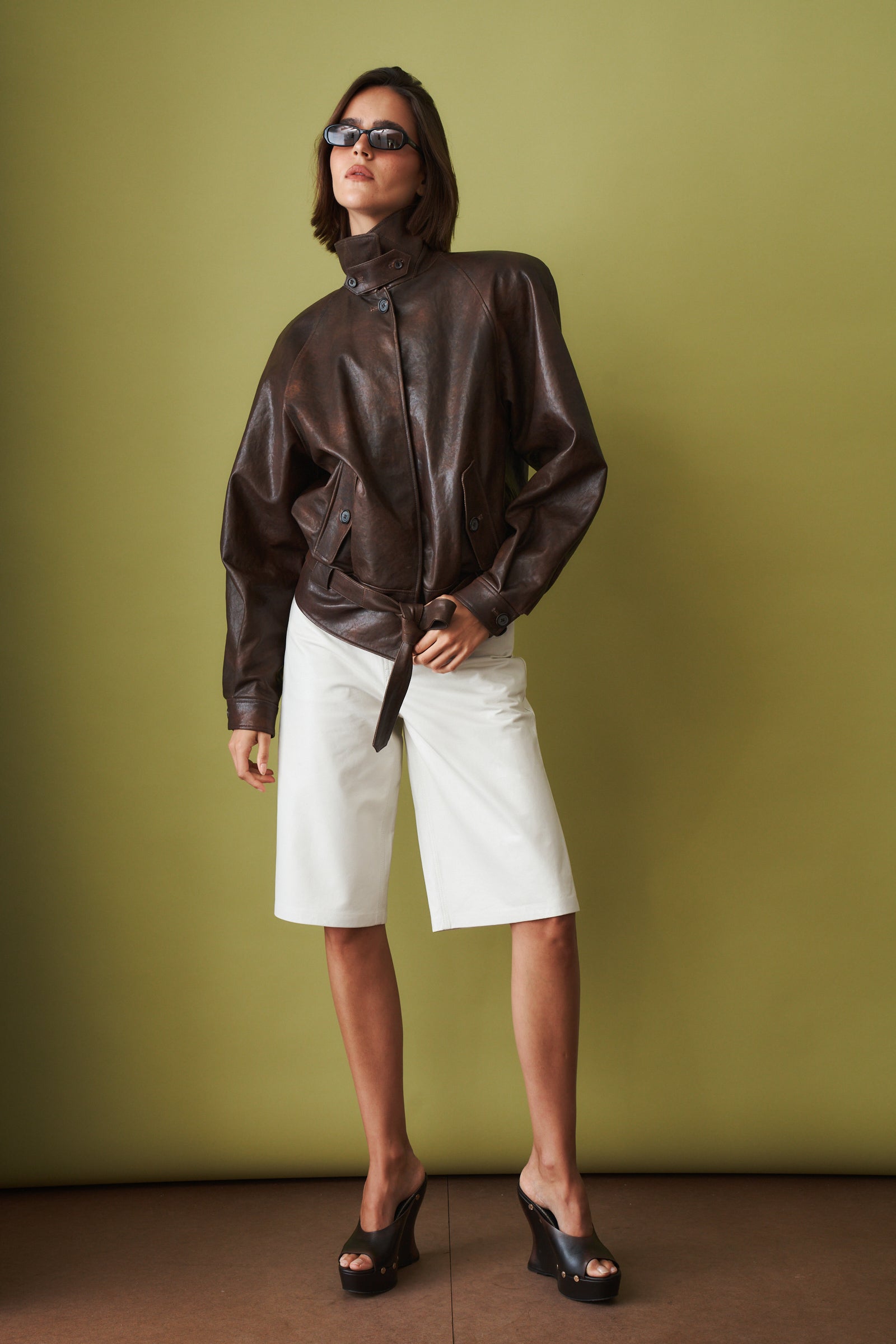 Belted Leather Jacket in Vintage Brown - DÉSORDRE