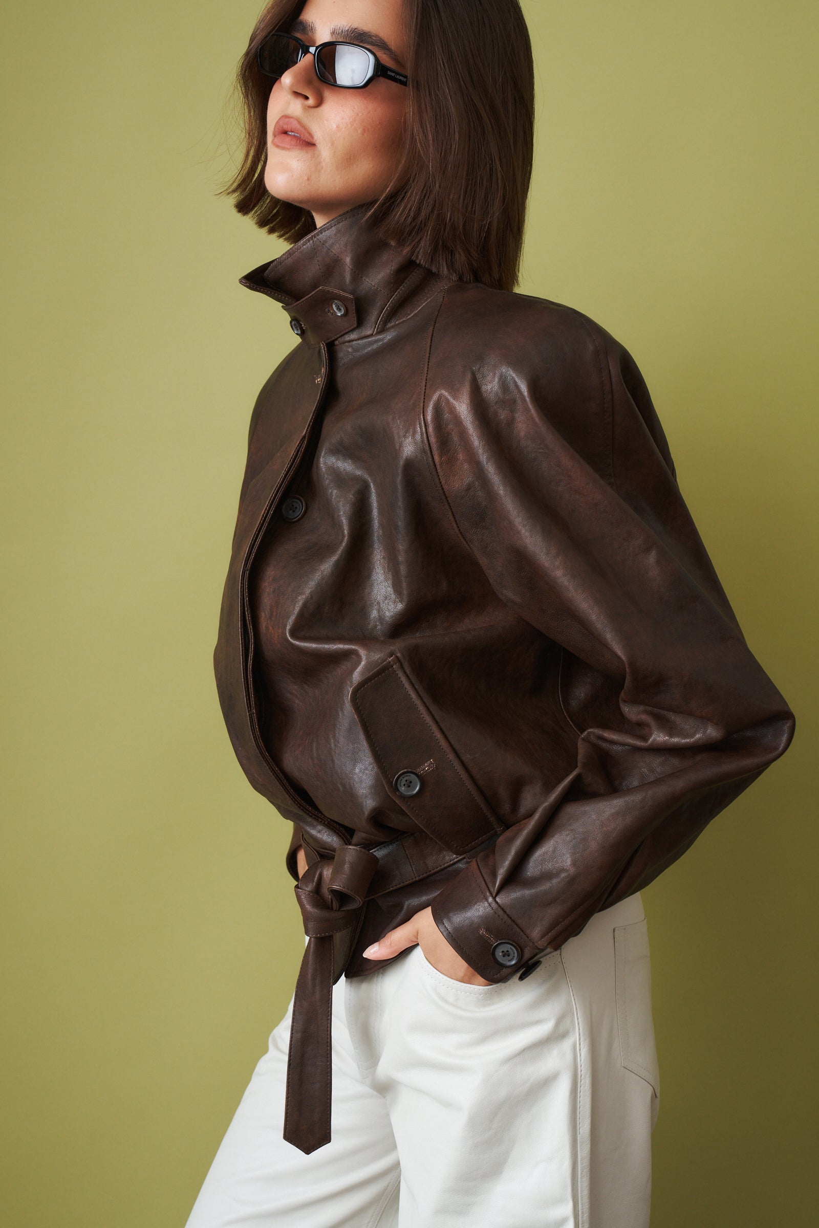 Belted Leather Jacket in Vintage Brown