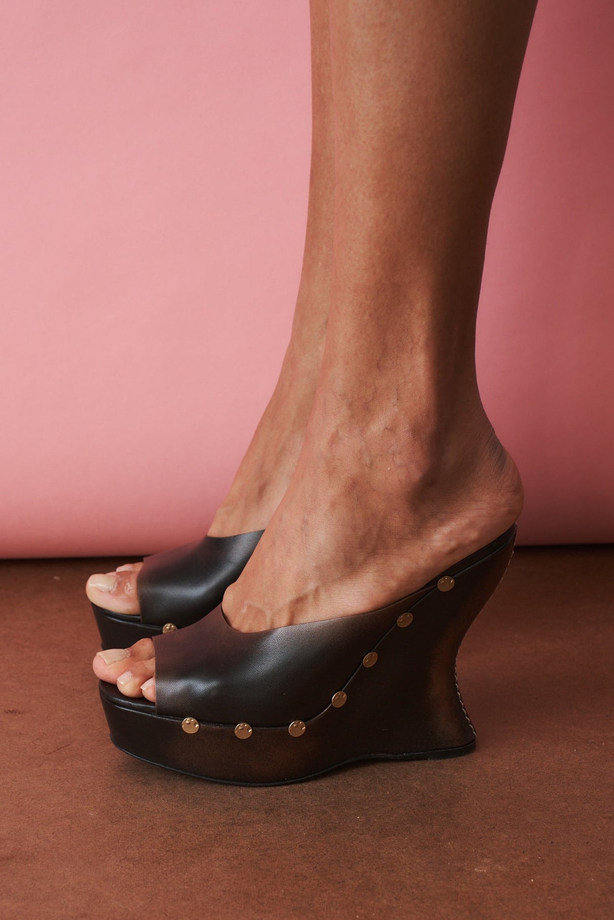 Studded Leather Wedge Mules Brown