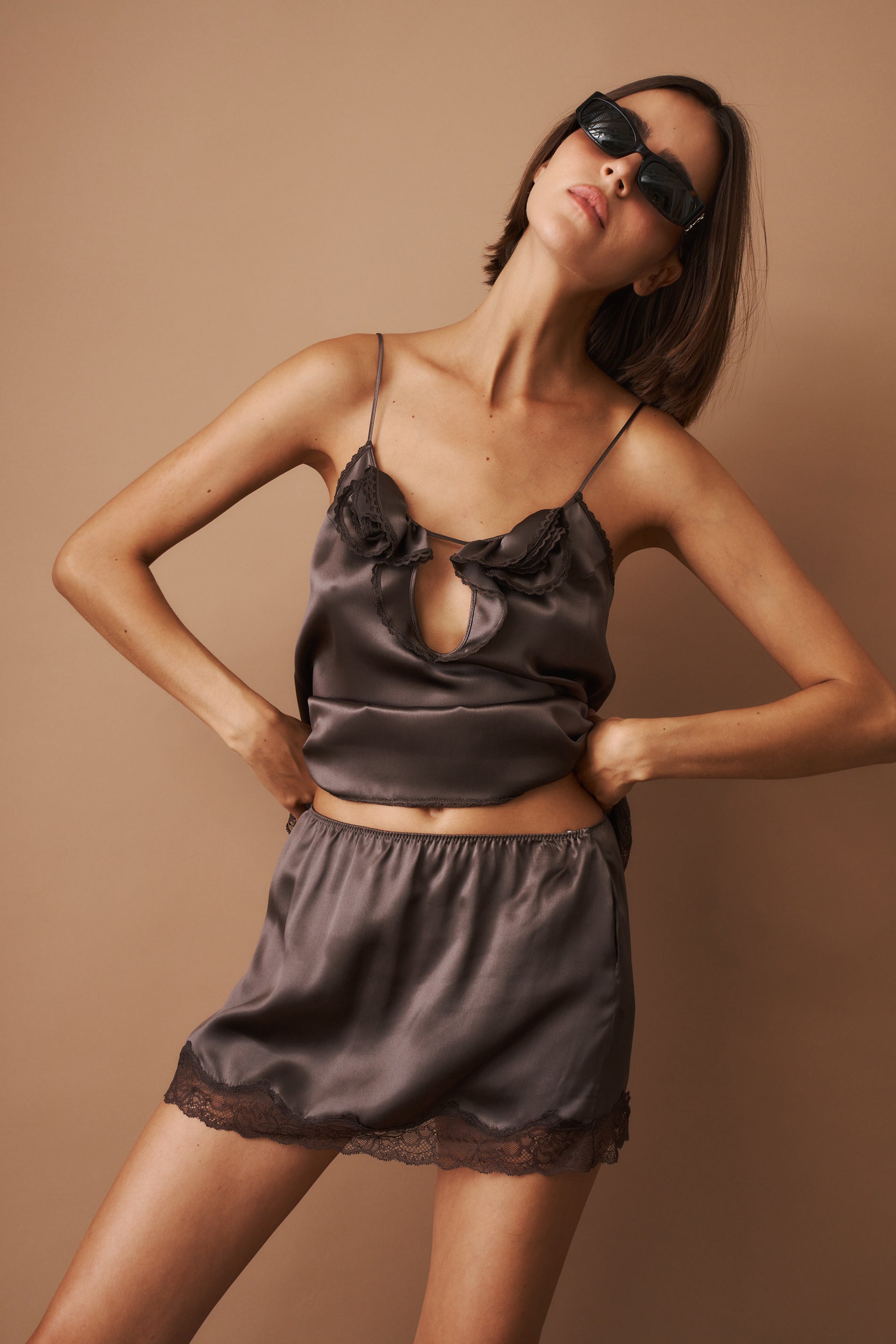 Mini Slip Skirt with Lace Trimmed Hem in Brown