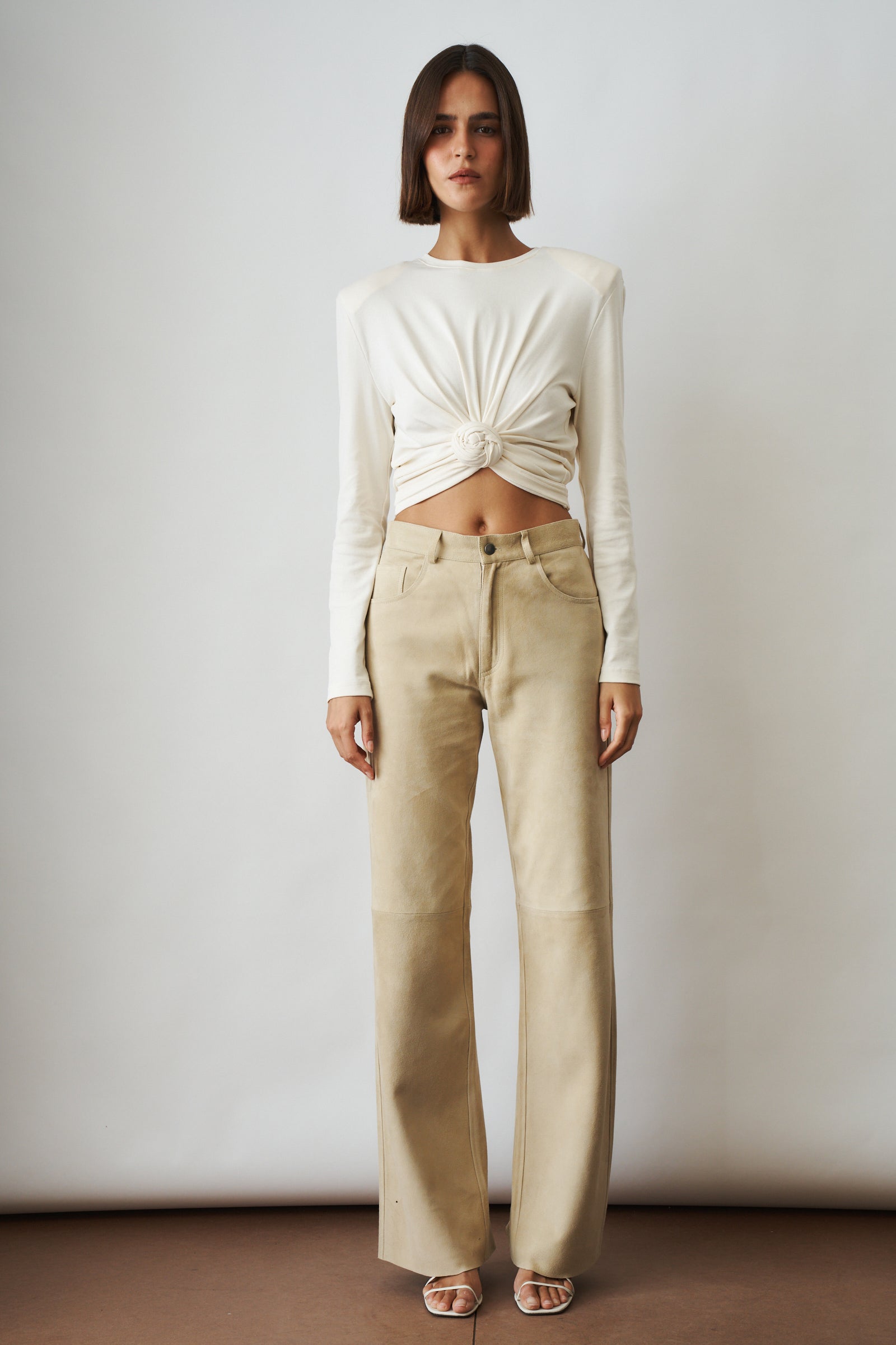 Knotted Long Sleeve Jersey Blouse in Cream - DÉSORDRE