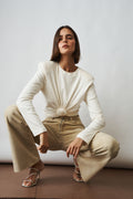 Knotted Long Sleeve Jersey Blouse in Cream - DÉSORDRE