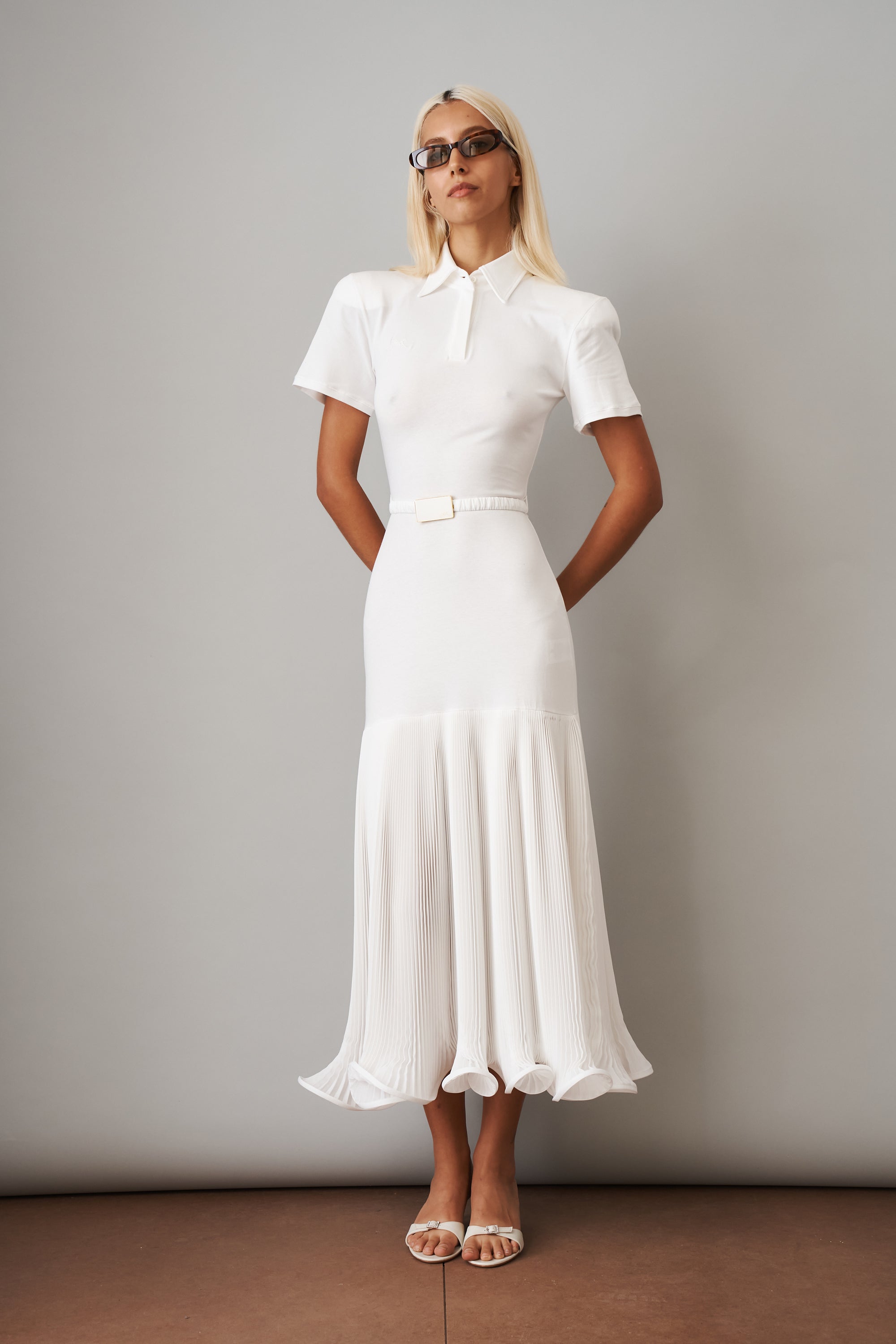 Polo Dress with Pleated Skirt in White - DÉSORDRE