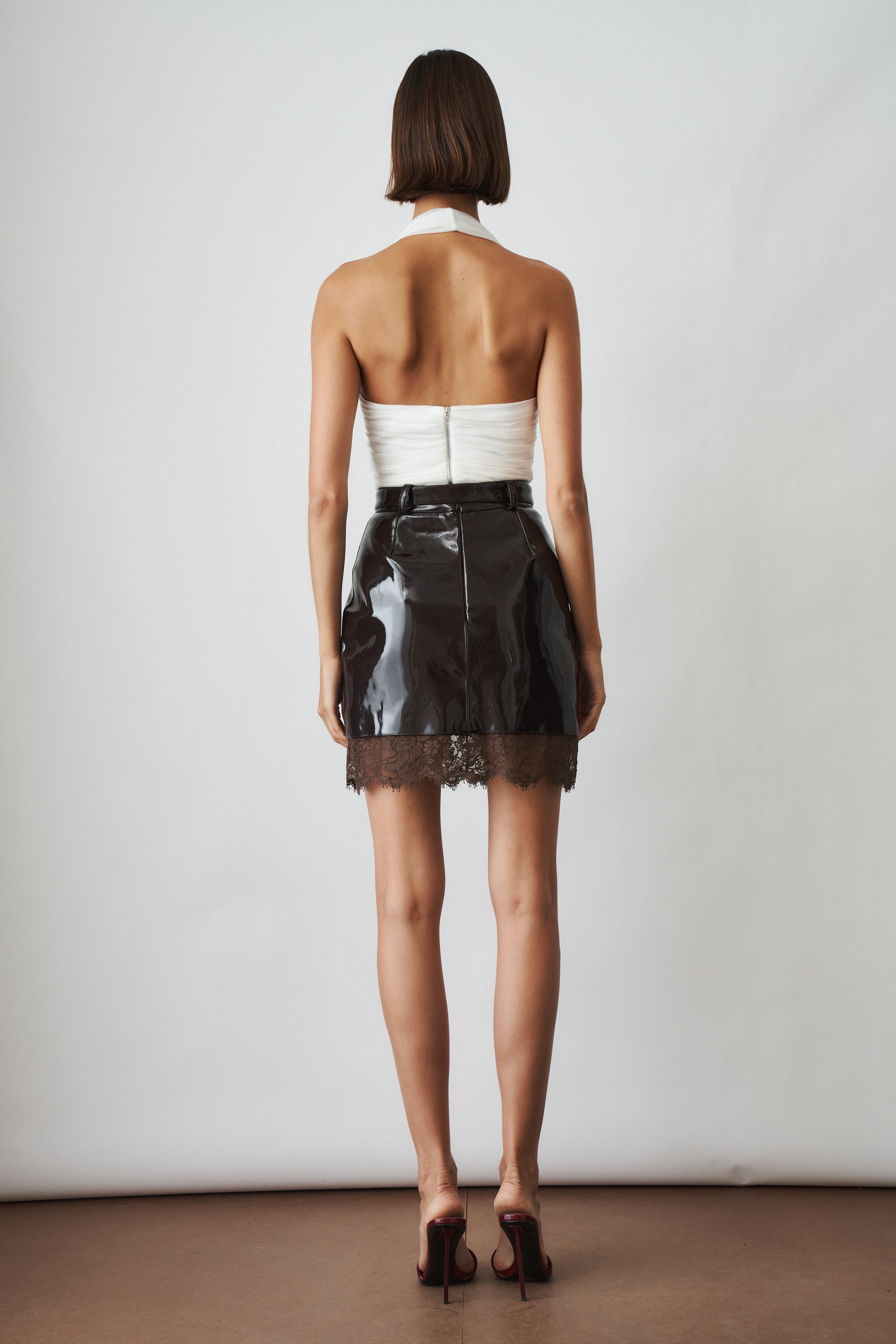 Mini Skirt With Lace Contrasts Vinyl Brown - DÉSORDRE