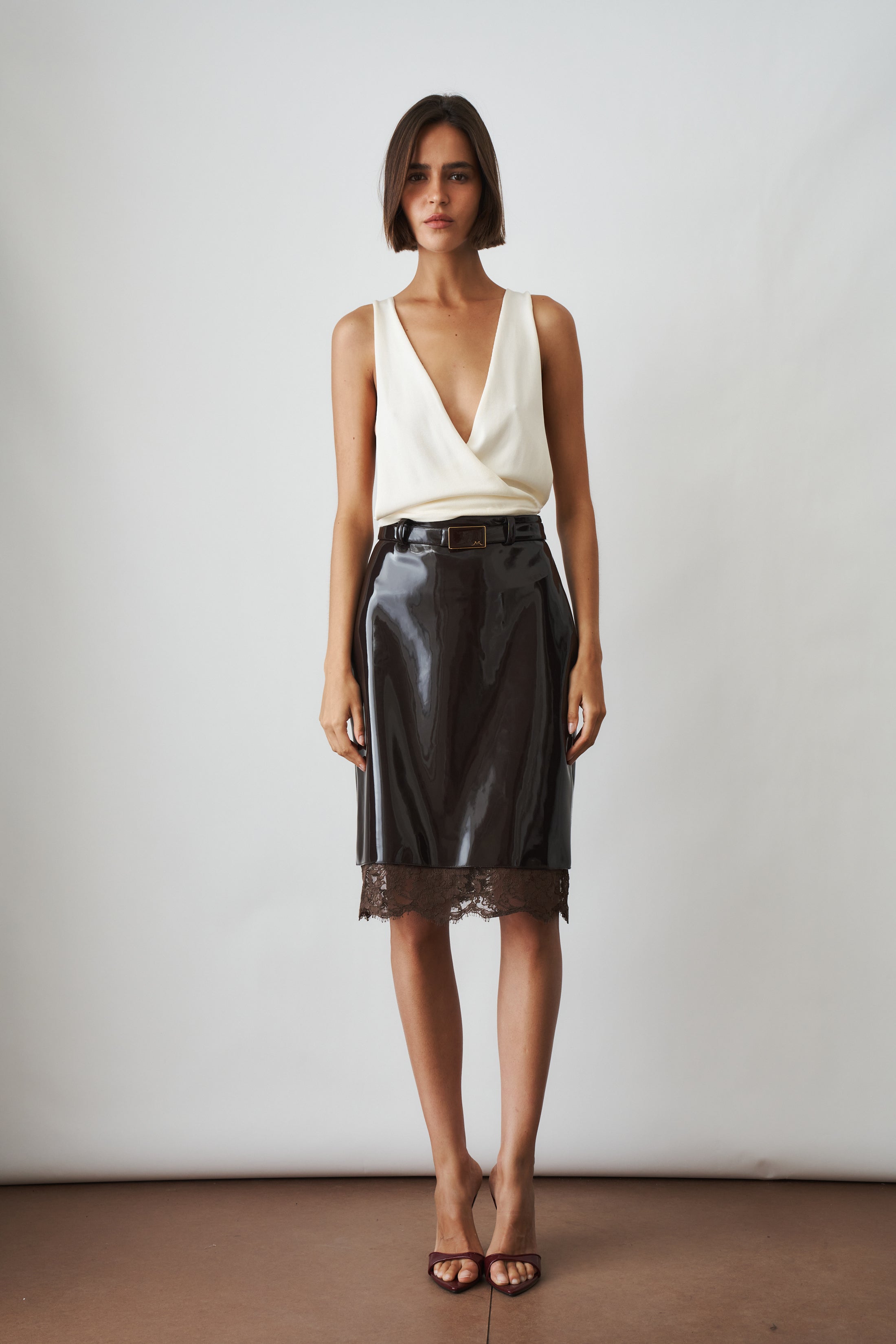 Midi Skirt With Lace Contrasts Brown - DÉSORDRE
