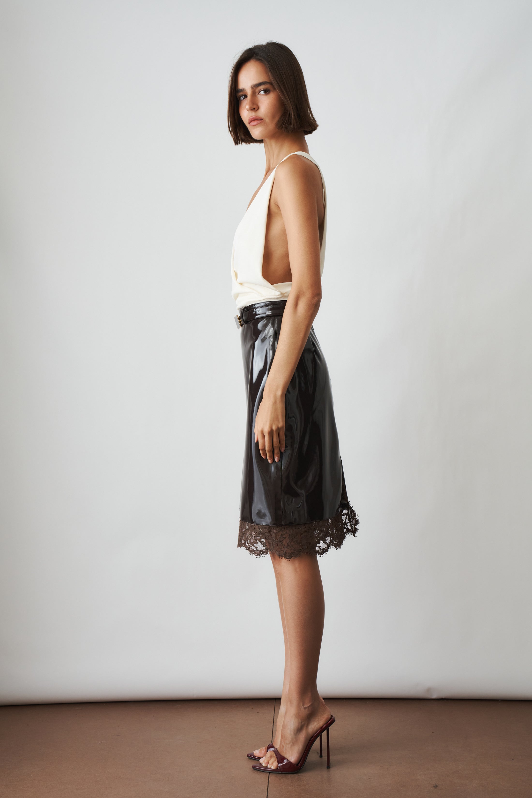 Midi Skirt With Lace Contrasts Brown - DÉSORDRE