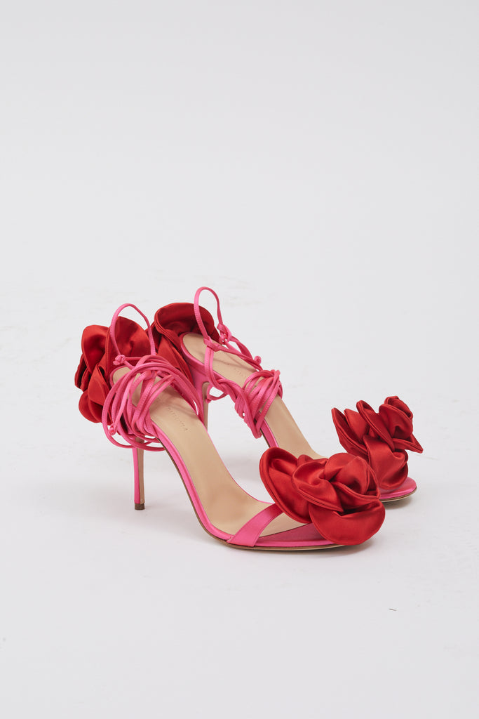 Double red flower heel sandals in black satin