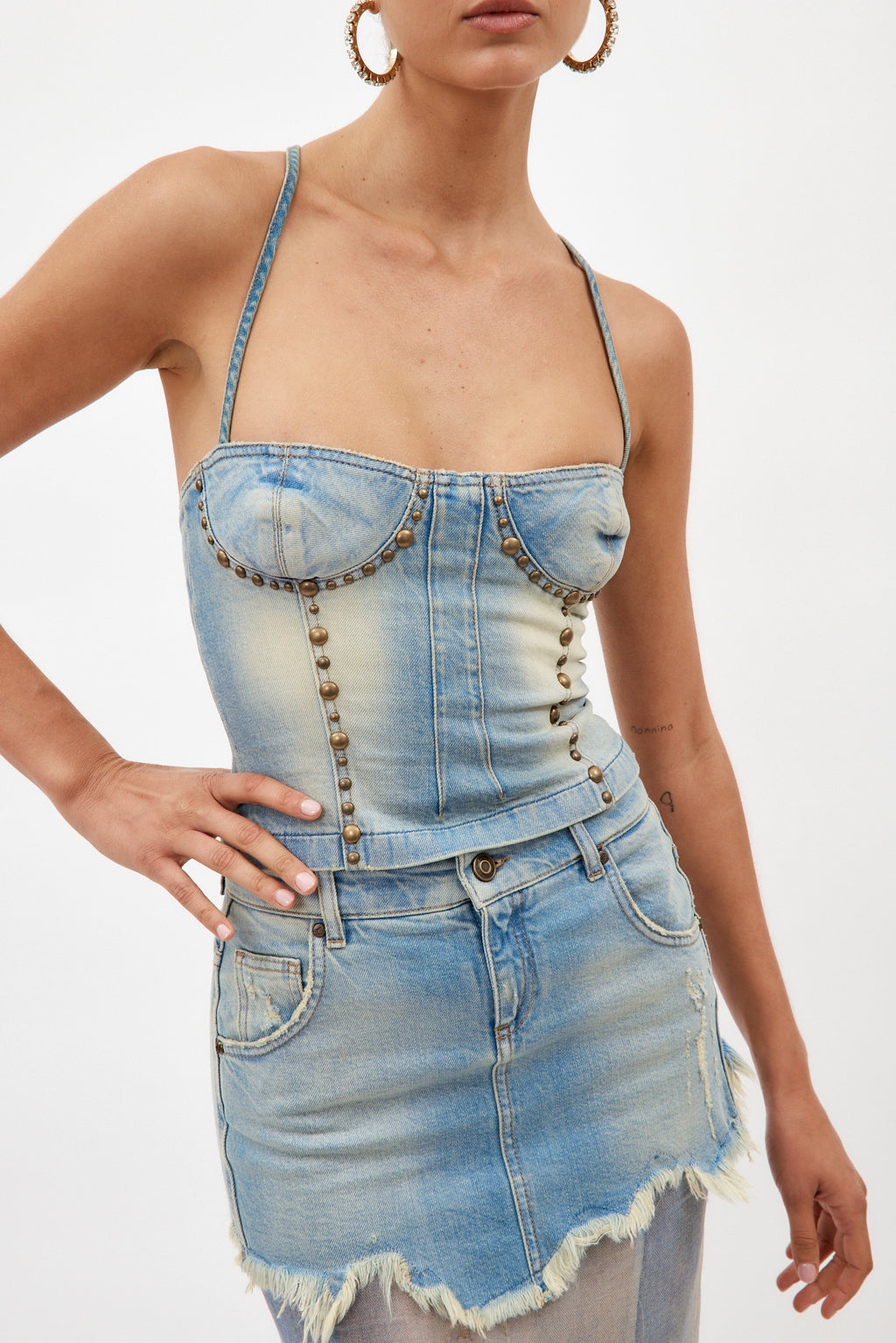 Jean Ticino Warm Sand Bodice Top with Embroidery Studs