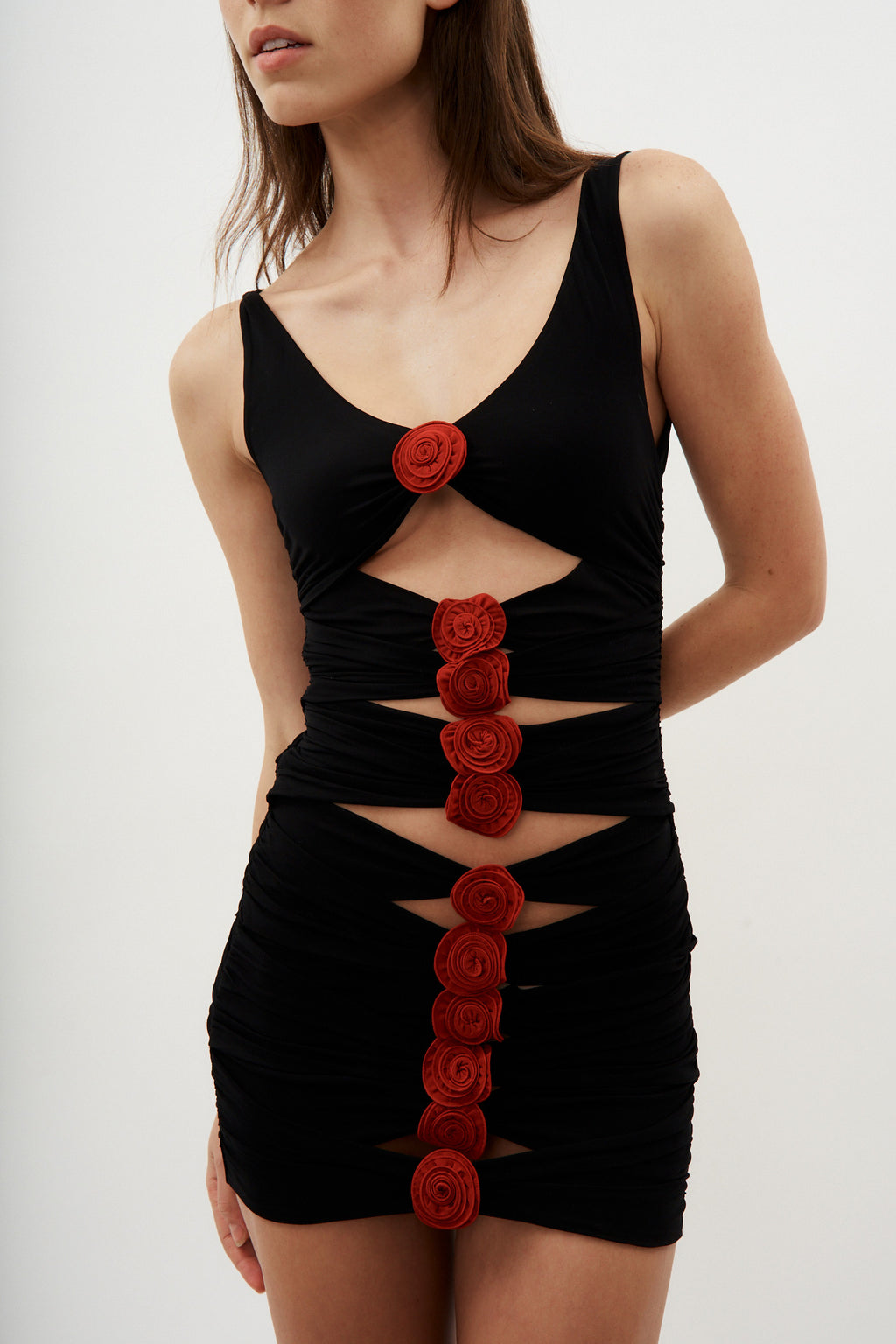 V Neck Bandage Red Roses Black Dress