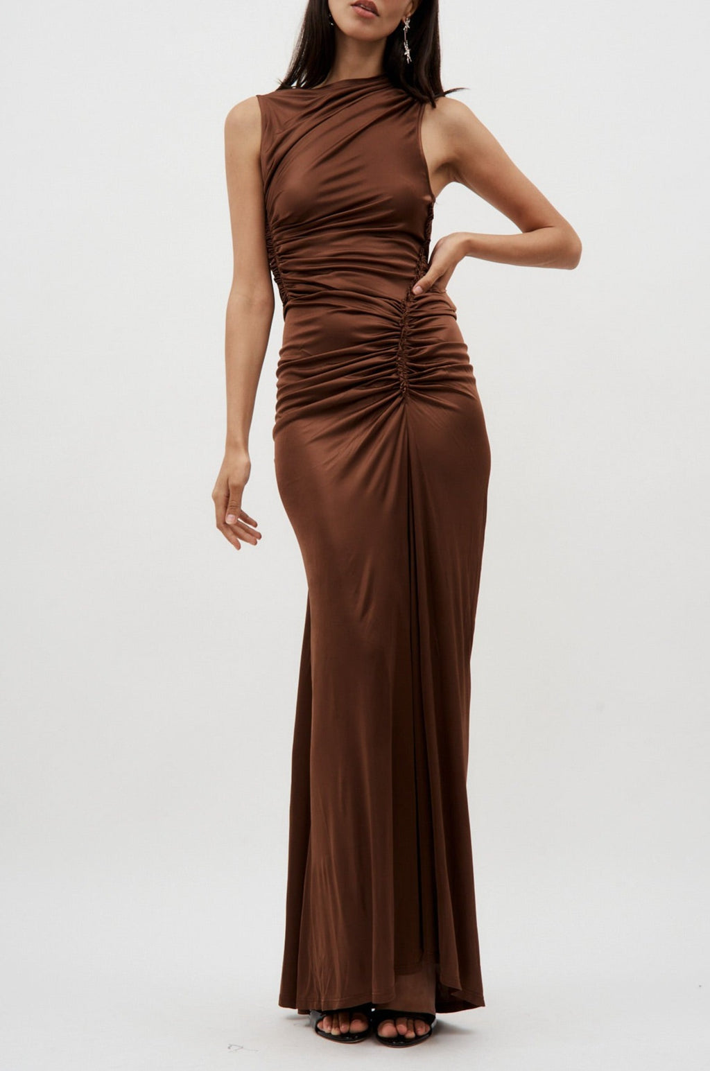 Sleeveless Bronze Ruched Gown