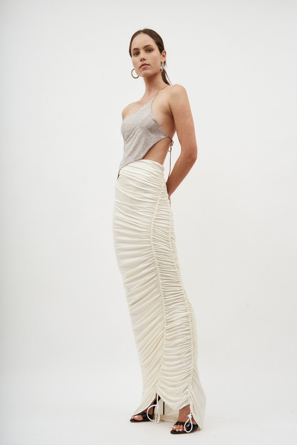 Asymmetric Ruching White Long Skirt