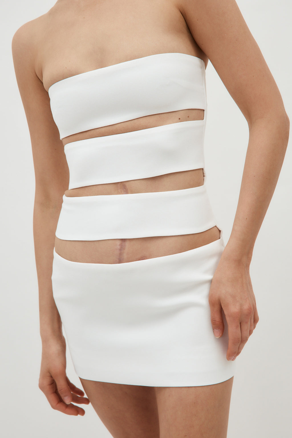 Strapless White Horizontal Cut Out Mini Dress