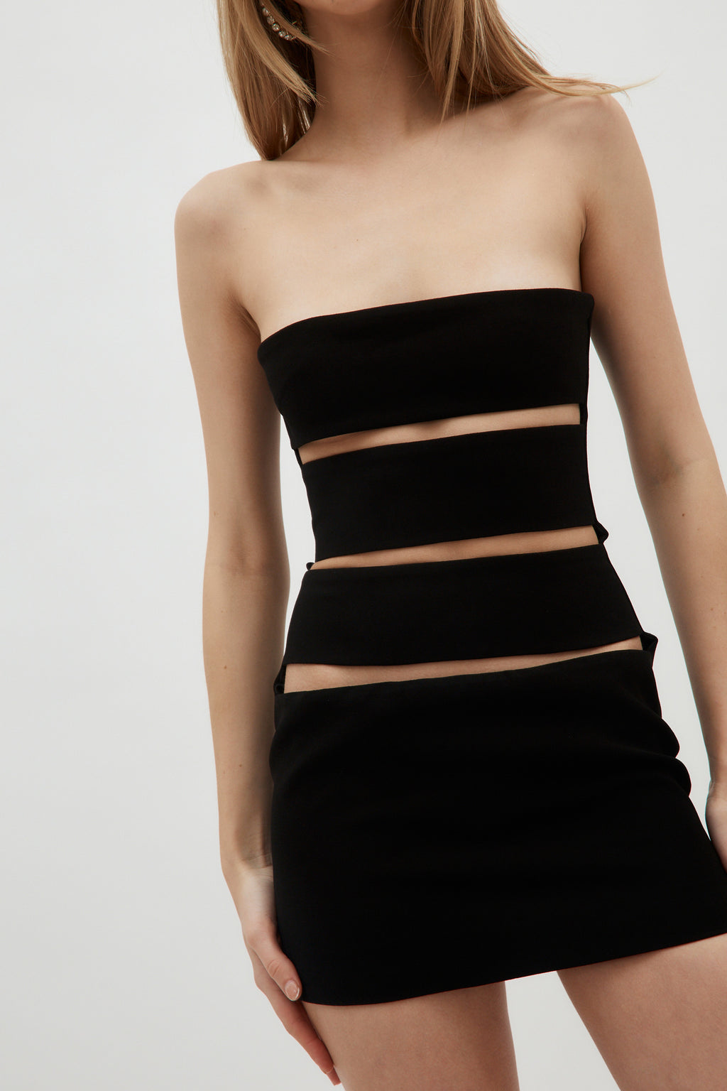 Strapless Black Horizontal Cut Out Mini Dress