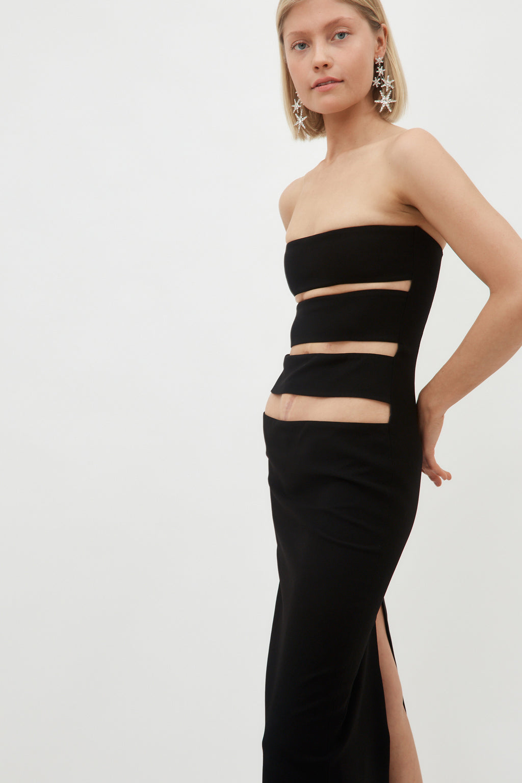 Strapless Black Horizontal Cut Out Maxi Dress