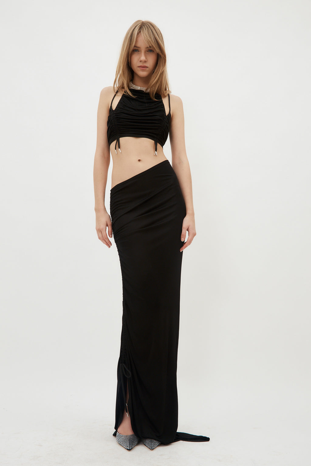 Ruched Black Maxi Skirt