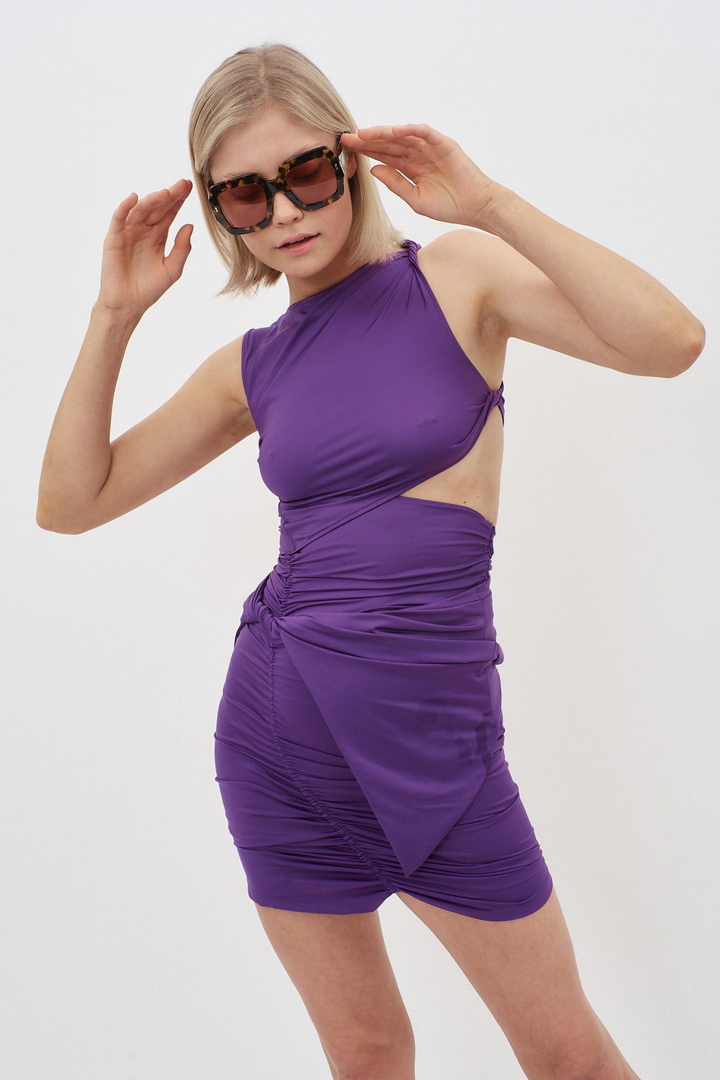 Ruched Purple Mini Dress With Twist