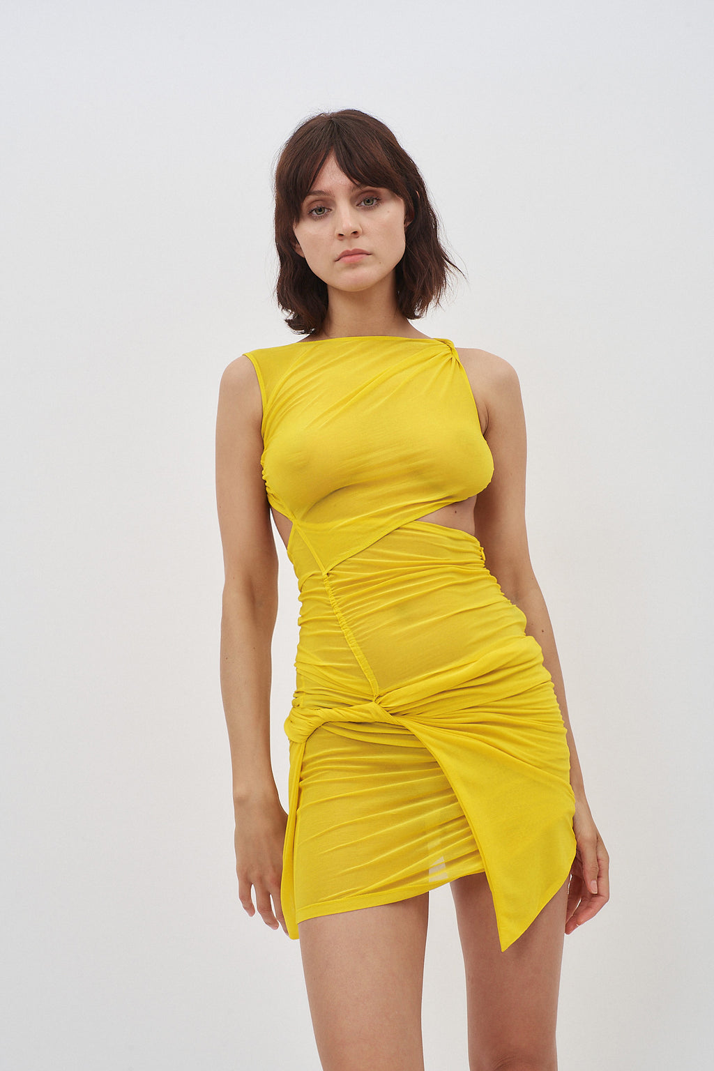 Ruched Yellow Mini Dress With Twist