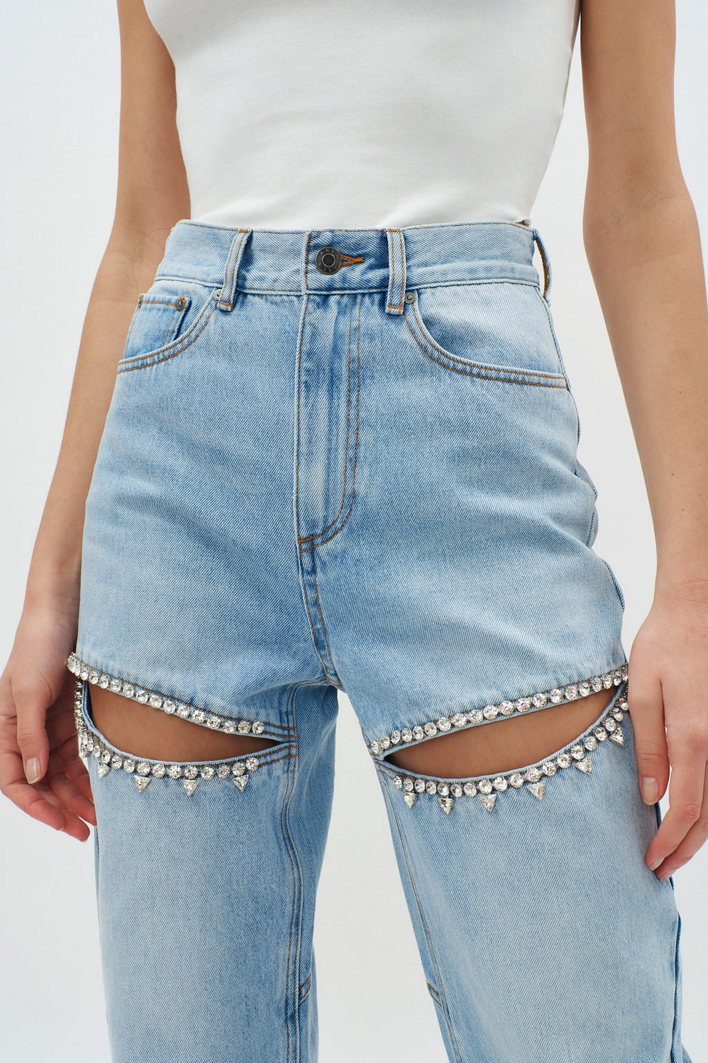 Denim Jeans with Diamante Embellished Cut-Outs Area NYC