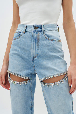 Denim pant with crystal trim in light blue