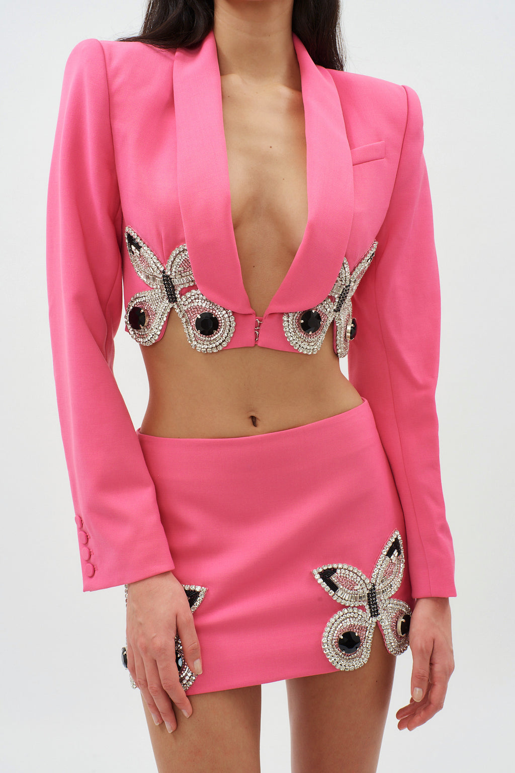 Embroidered Butterfly Carmine Rose Cropped Blazer