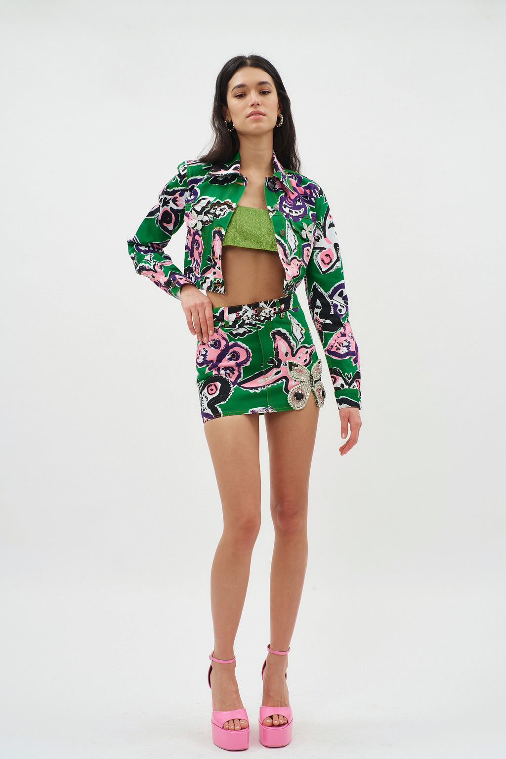 Butterfly Green Multi Printed Denim Mini Skirt