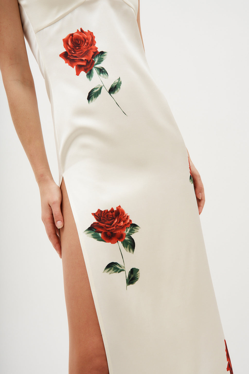 High Neck Keyhole Cream Rose Print Midi Dress