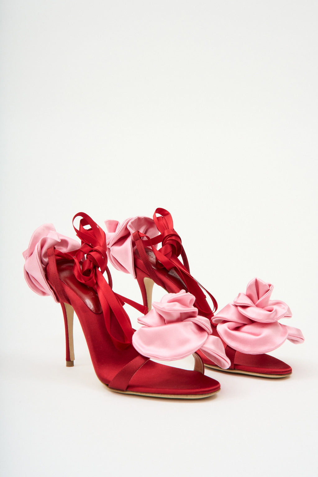 Double Flower Pink Red Satin Heel Sandals