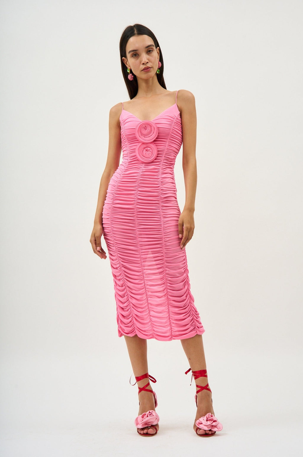 Ruched Pink Rosette Midi Dress