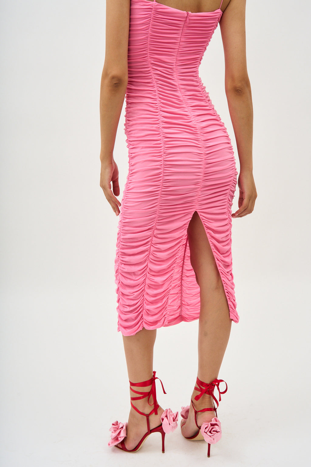 Ruched Pink Rosette Midi Dress