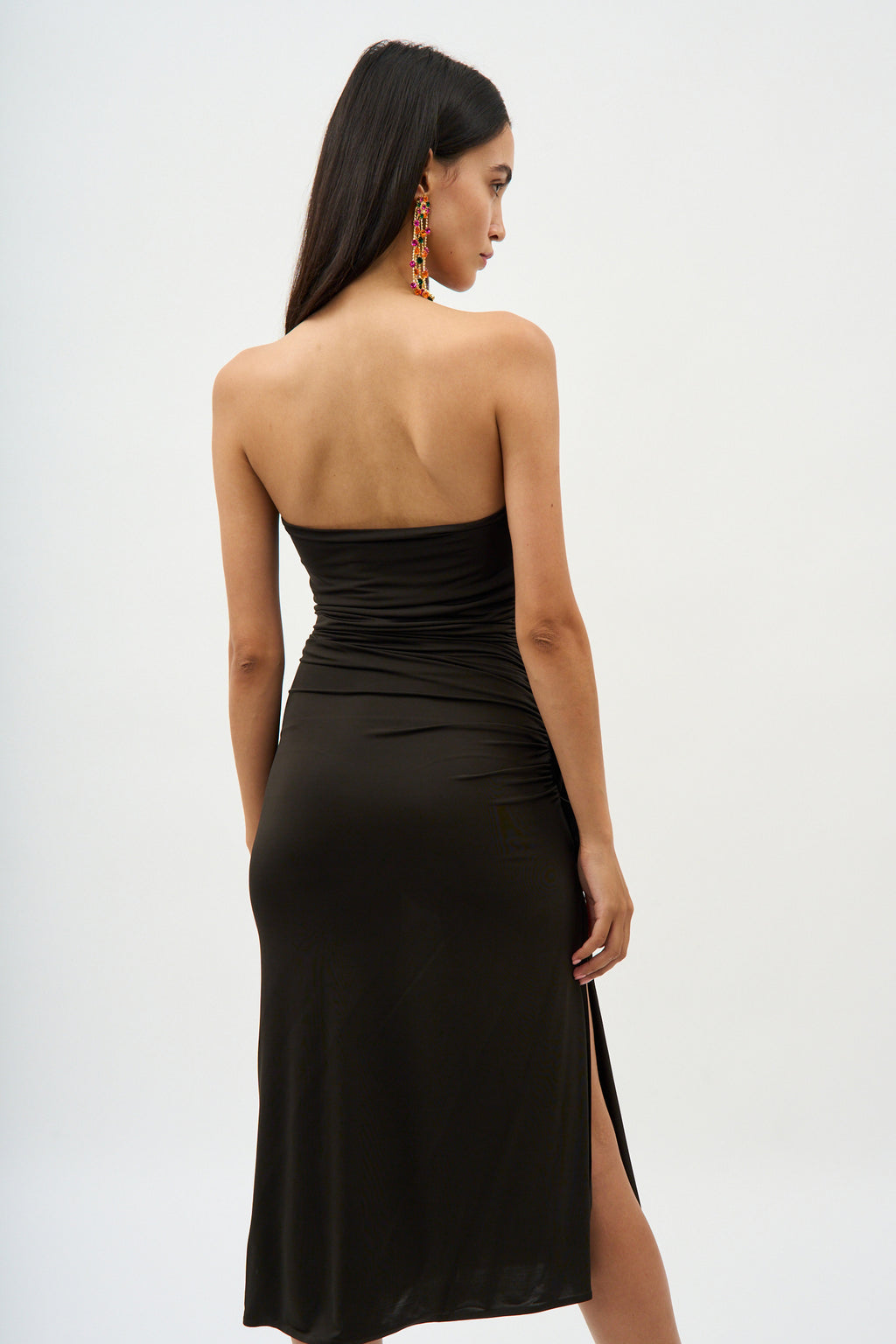 Strapless Ruched Brown Midi Dress