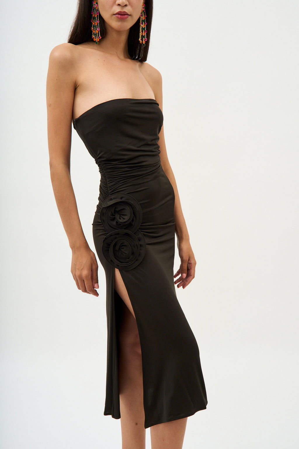 Strapless Ruched Brown Midi Dress