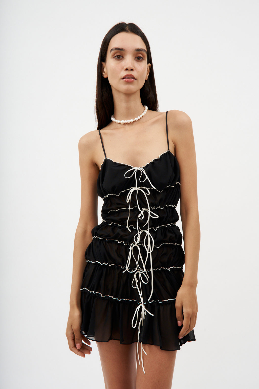 Ruffle Tunnel Sheer Black Mini Dress