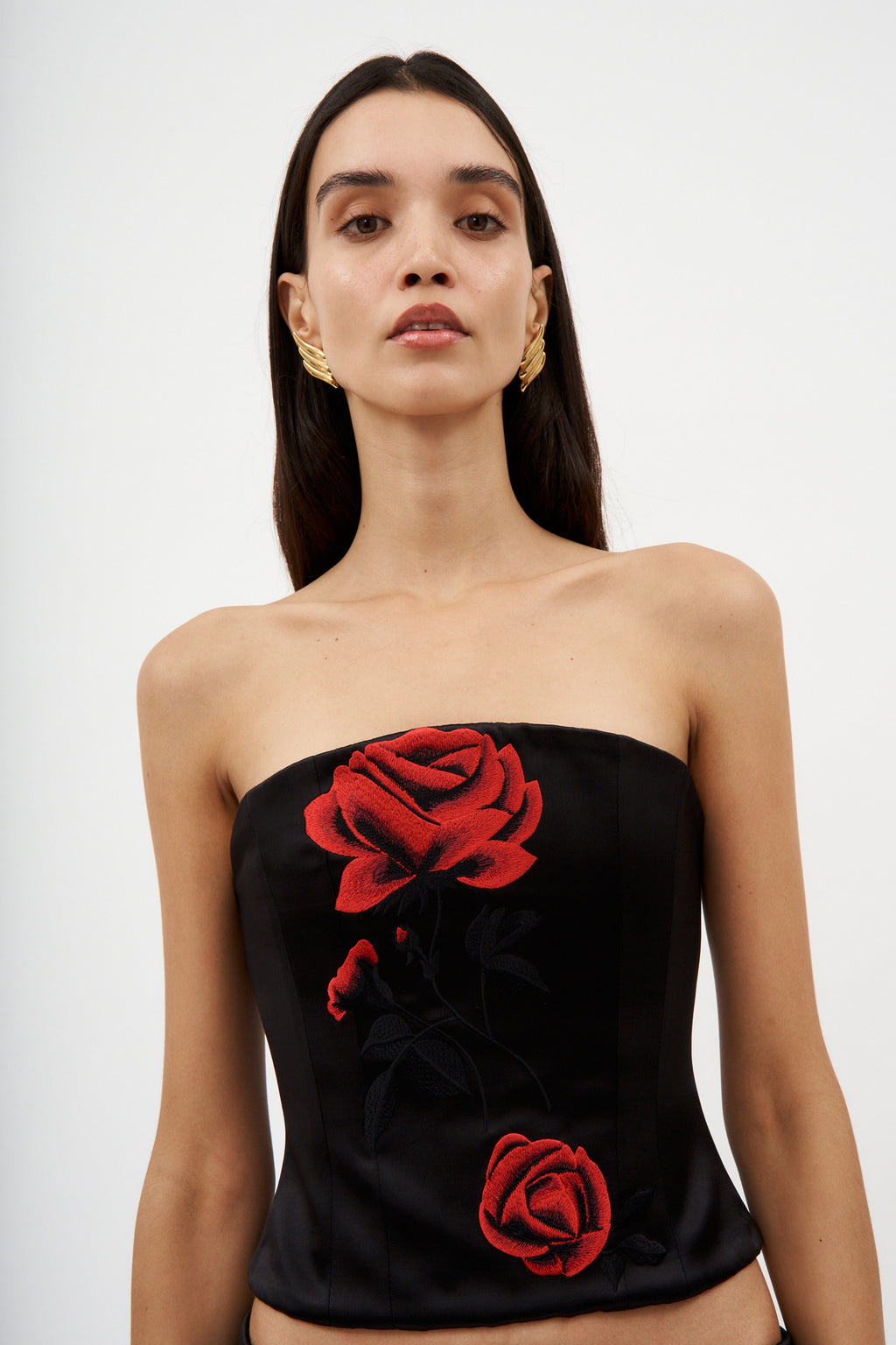 Rose Embroidered Black Corset Top