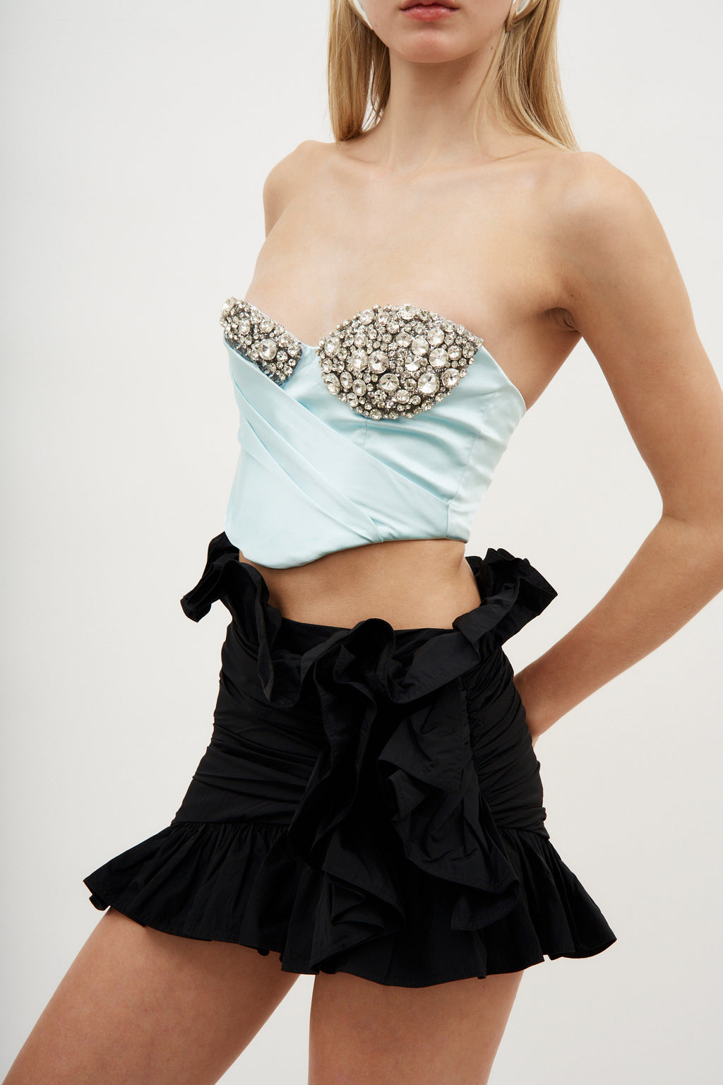 Embroidered Crystal Cup Draped Ice Blue Bustier