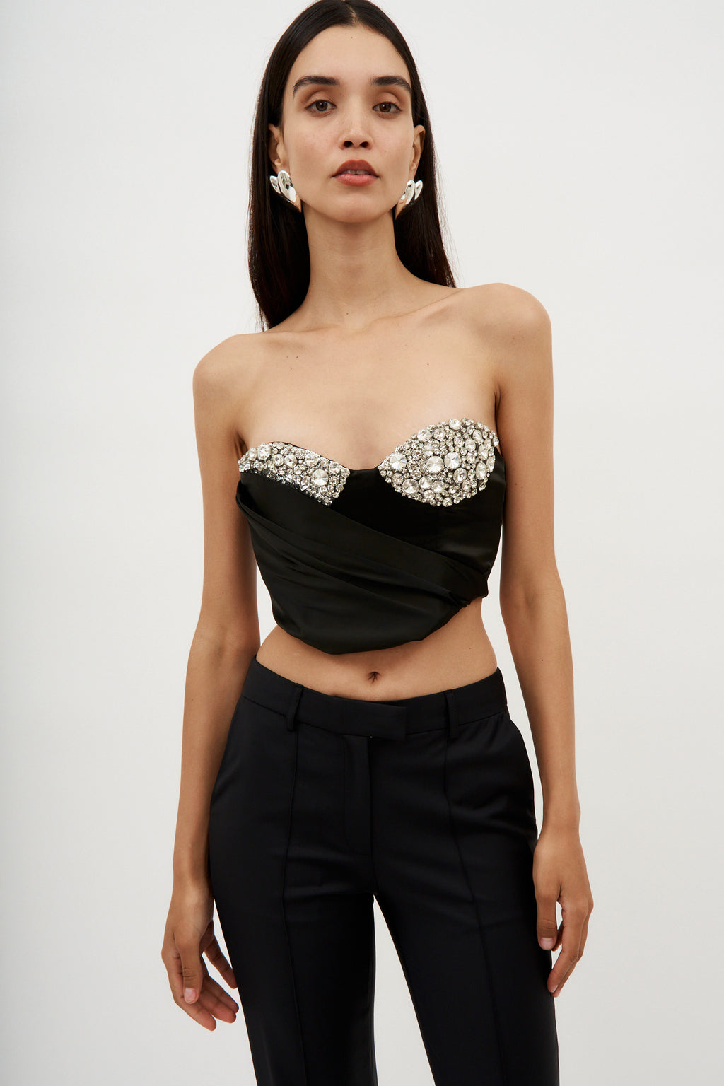Embroidered Crystal Cup Draped Black Bustier