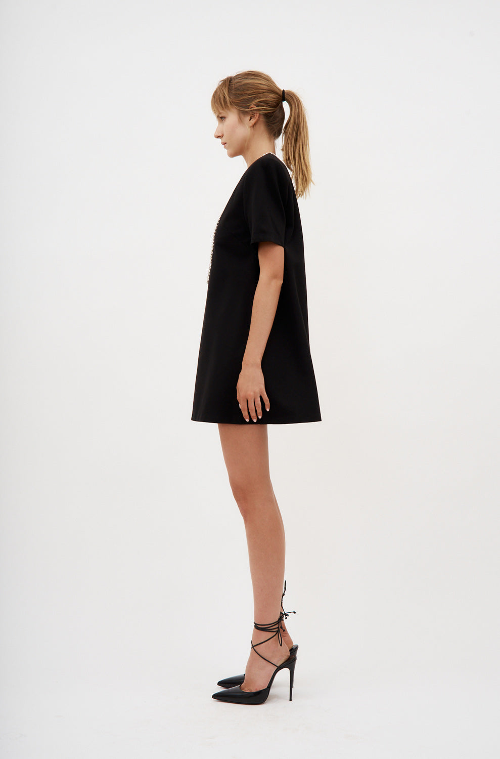 Crystal Bow V-Neck Black T-Shirt Dress