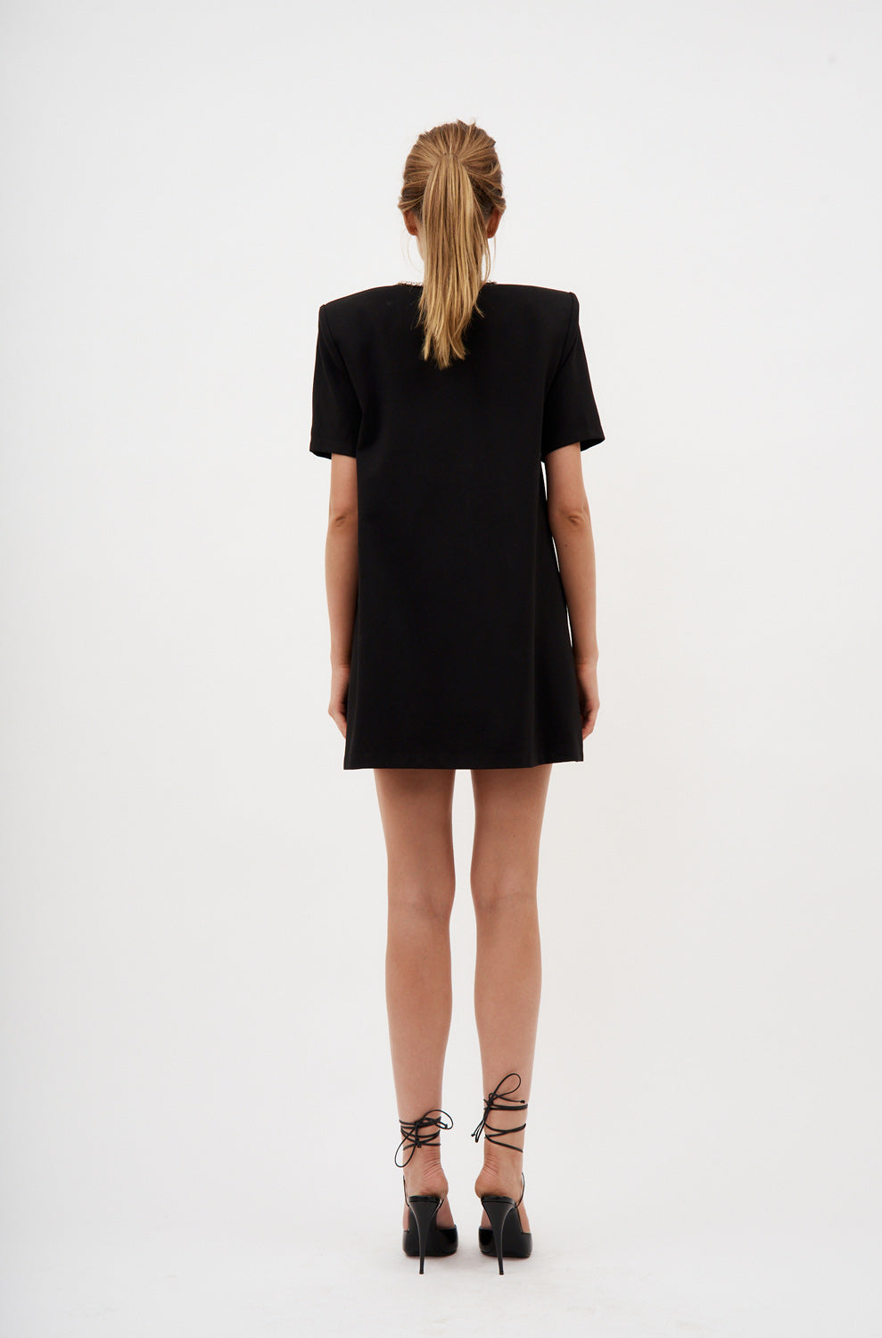 Crystal Bow V-Neck Black T-Shirt Dress