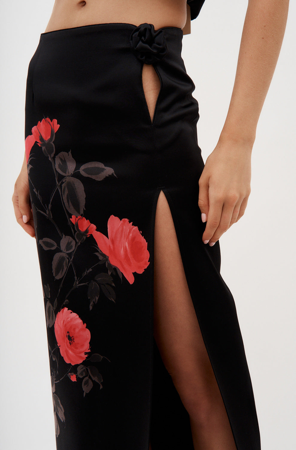 Rosette Cutout Black Maxi Skirt