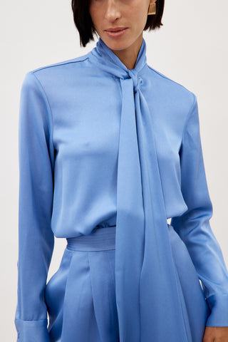 Satin Crepe Pussy Bow Periwinkle Shirt