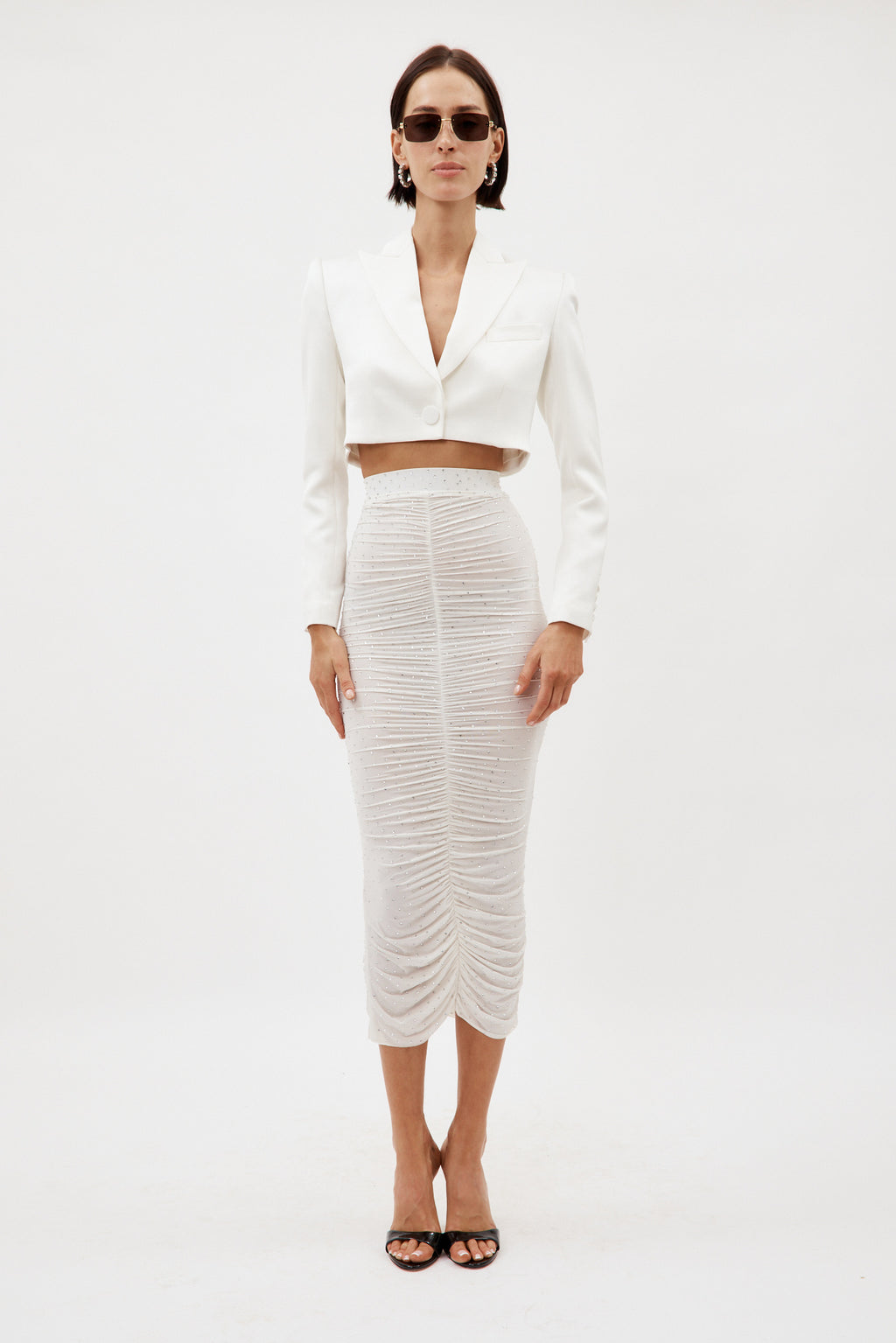 Crystal Jersey Ruched White Skirt