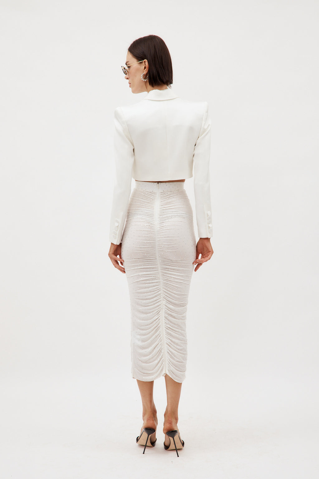 Crystal Jersey Ruched White Skirt