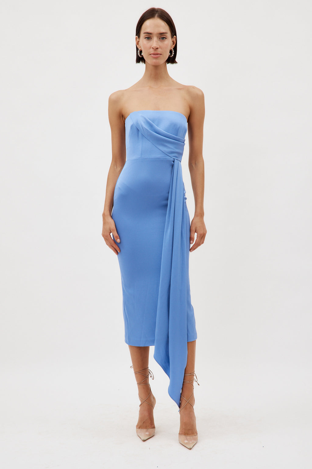 Satin Crepe Strapless Periwinkle Dress with Drape