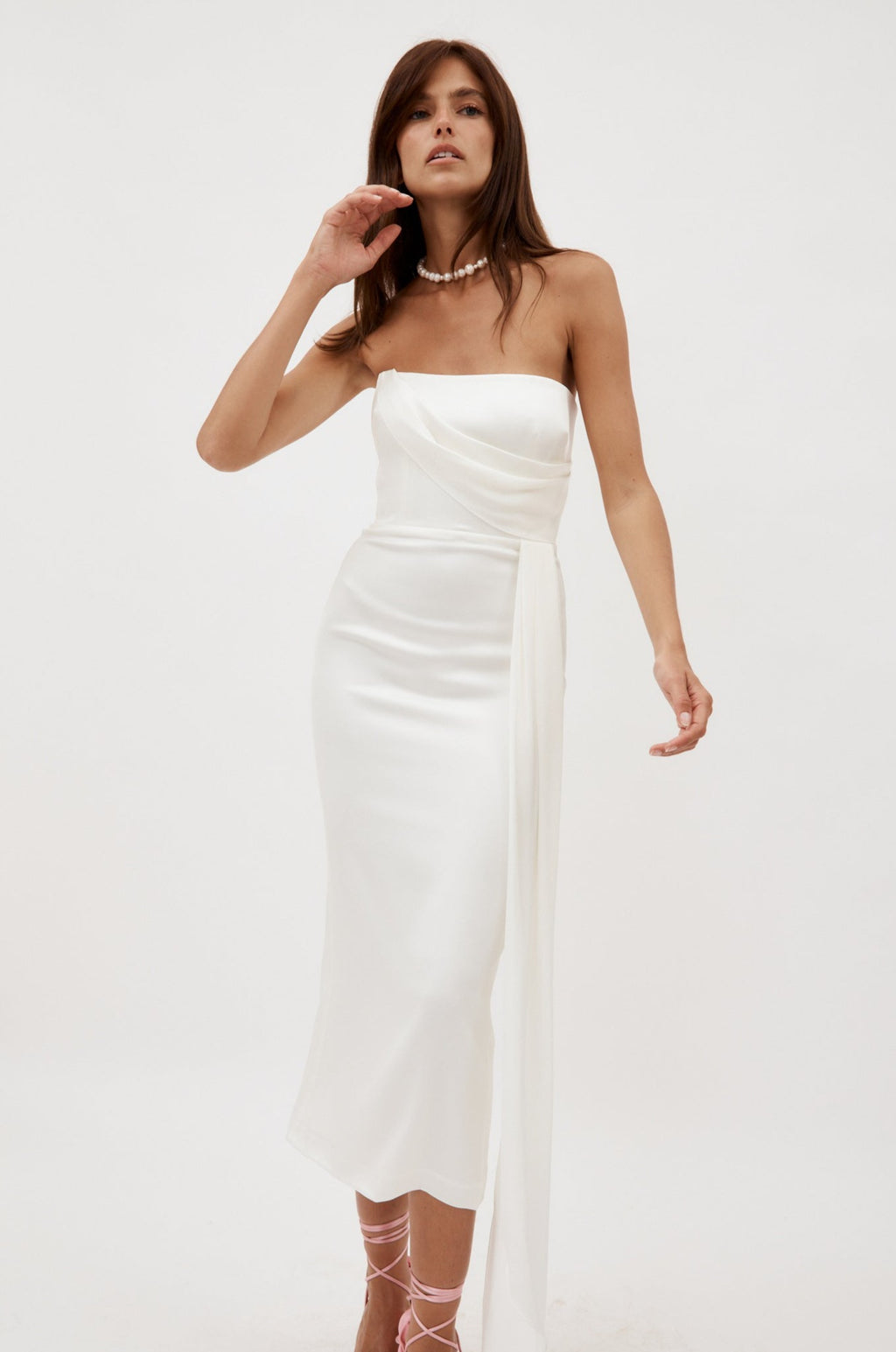 Satin Crepe Strapless White Dress with Drape