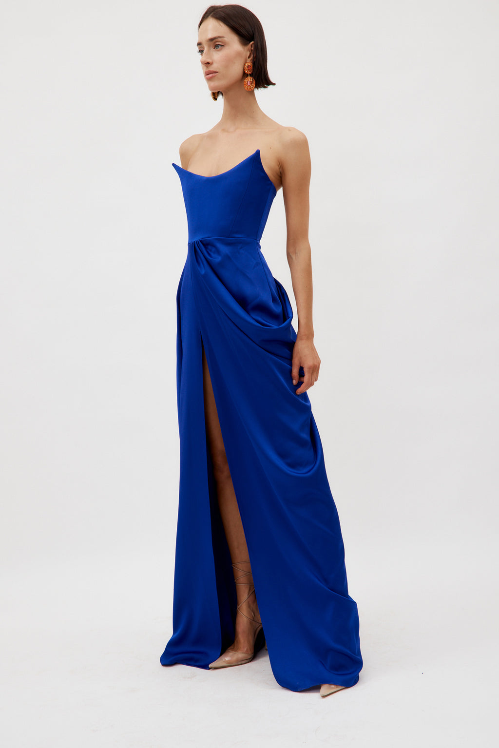 Satin Crepe Curved Strapless Drape Ultramarine Gown