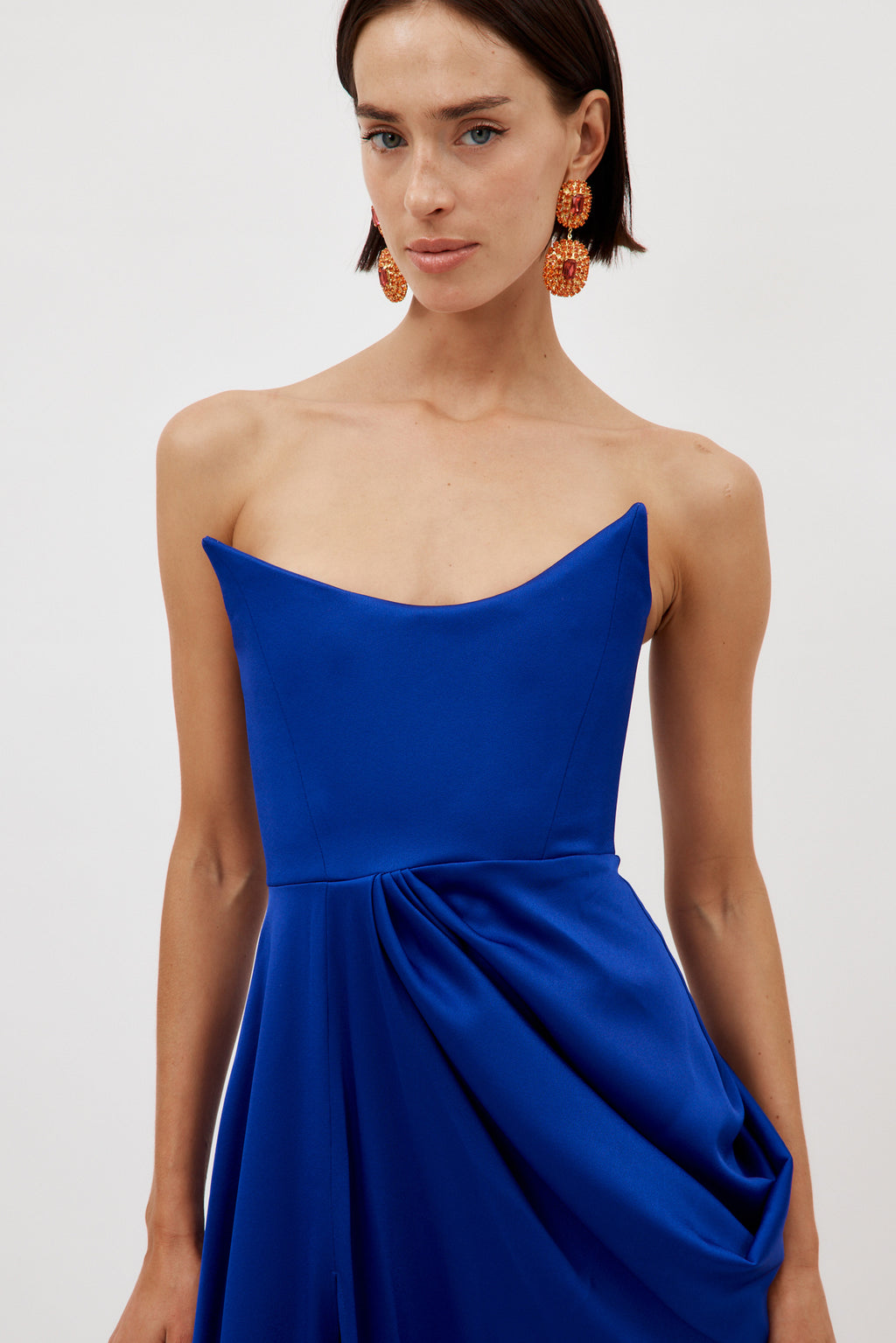 Satin Crepe Curved Strapless Drape Ultramarine Gown