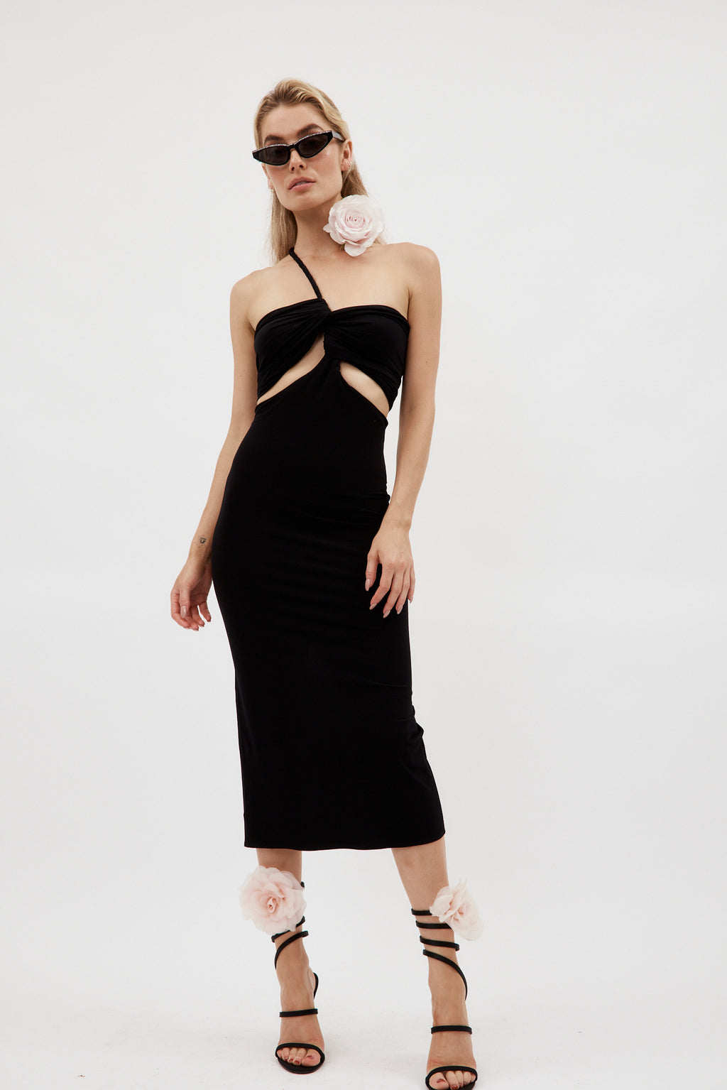 3D Rose Ruched Black Jersey Midi Dress