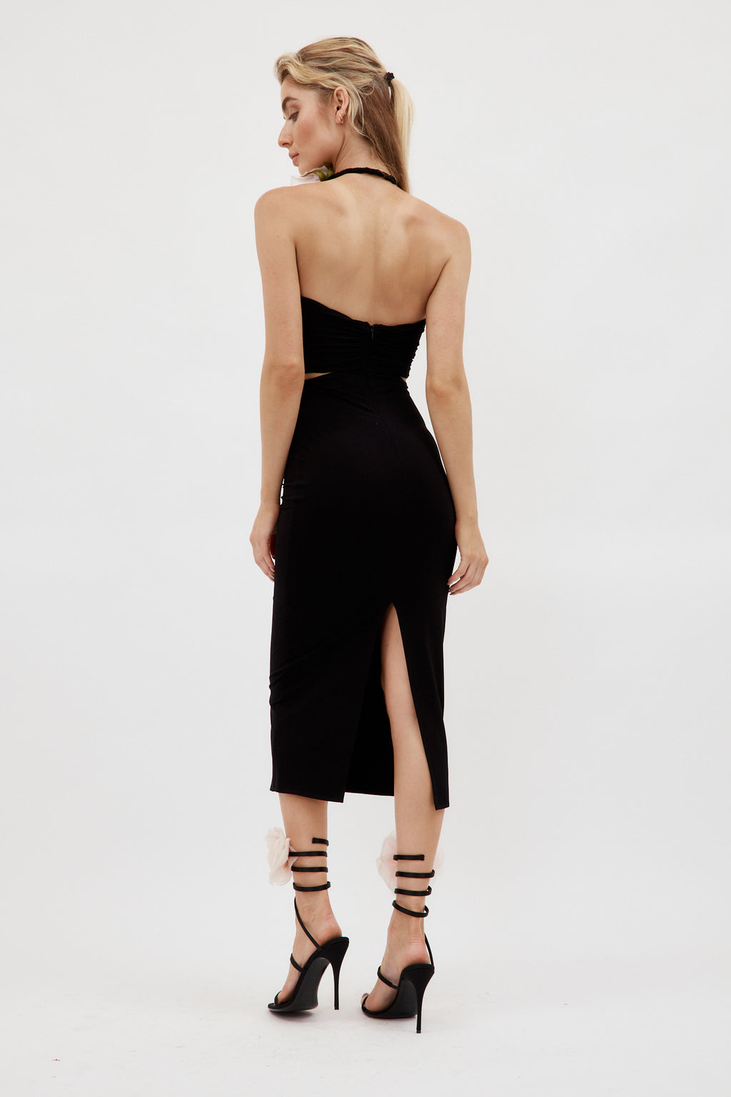 3D Rose Ruched Black Jersey Midi Dress