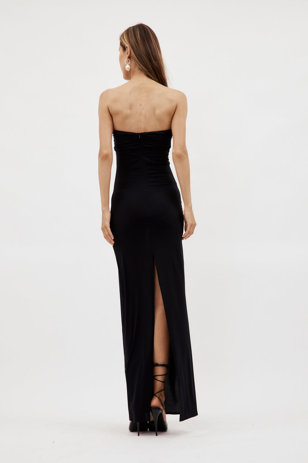 Strapless Ruched Bustier Black Maxi Dress