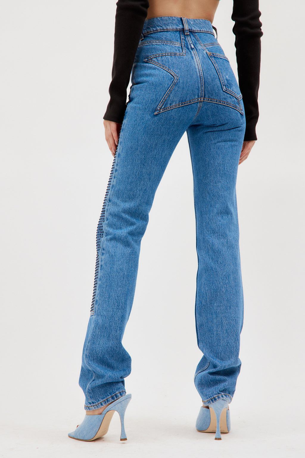 Crystal Embellished Straight Leg Medium Indigo Jean