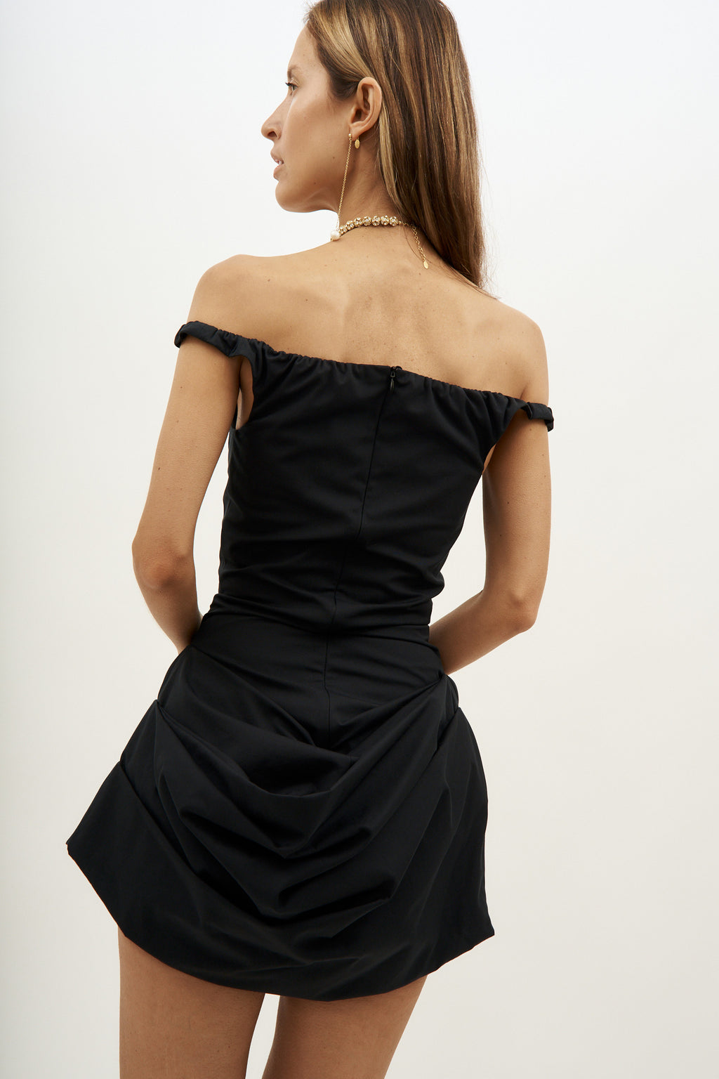 Off Shoulder Draped Cotton Black Mini Dress
